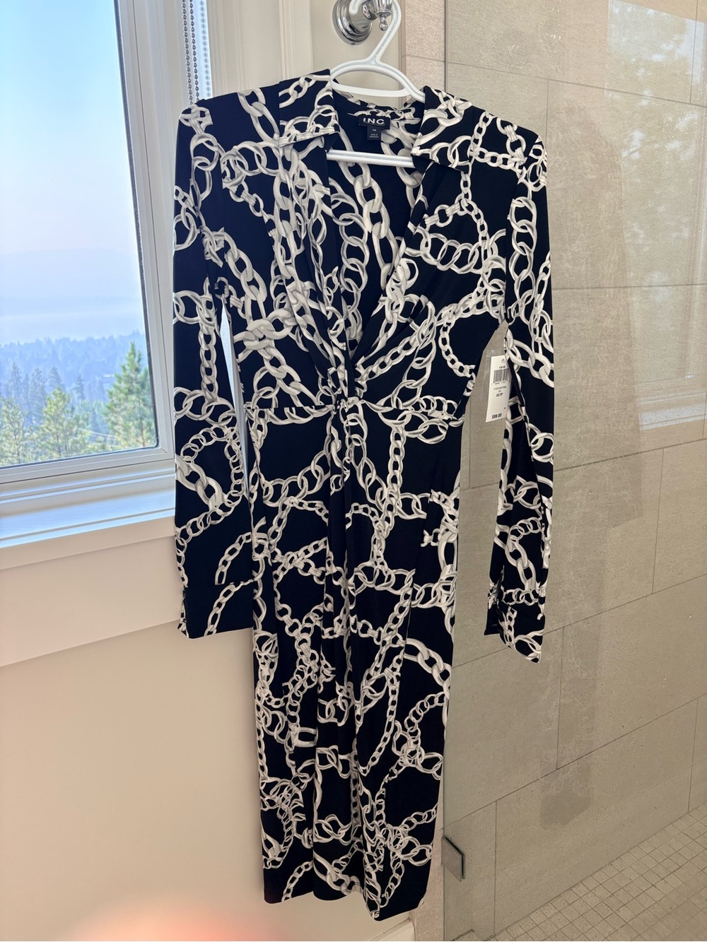 INC International Concepts Black and White Chain-Print Long Sleeve Wrap Dress